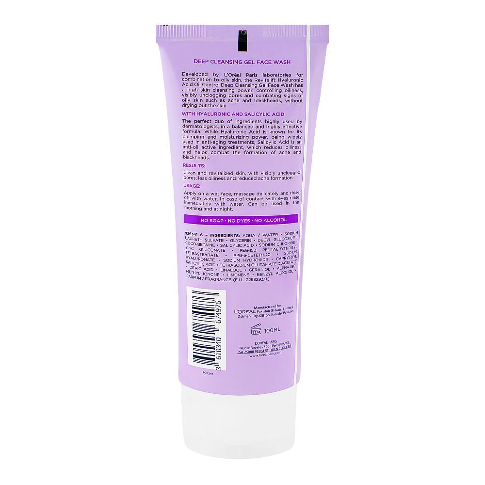 L'Oreal Paris Revitalift Hyaluronic Acid Oil Control Deep Cleansing Gel, Hyaluronic & Salicylic Acid, For Oily Skin, 100ml - Image 5
