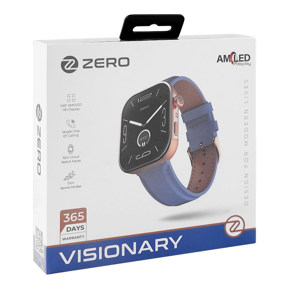 Zero 1.85 Inch Amoled HD Display Visionary Smart Watch, IP68 Water Resistant, BT Calling, Blue Leather - Main Image