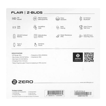 Zero Flair ENC Wireless Z Earbuds, 350mAh Case Battery, IPX4 Waterproof, Cool Blue - Image 4