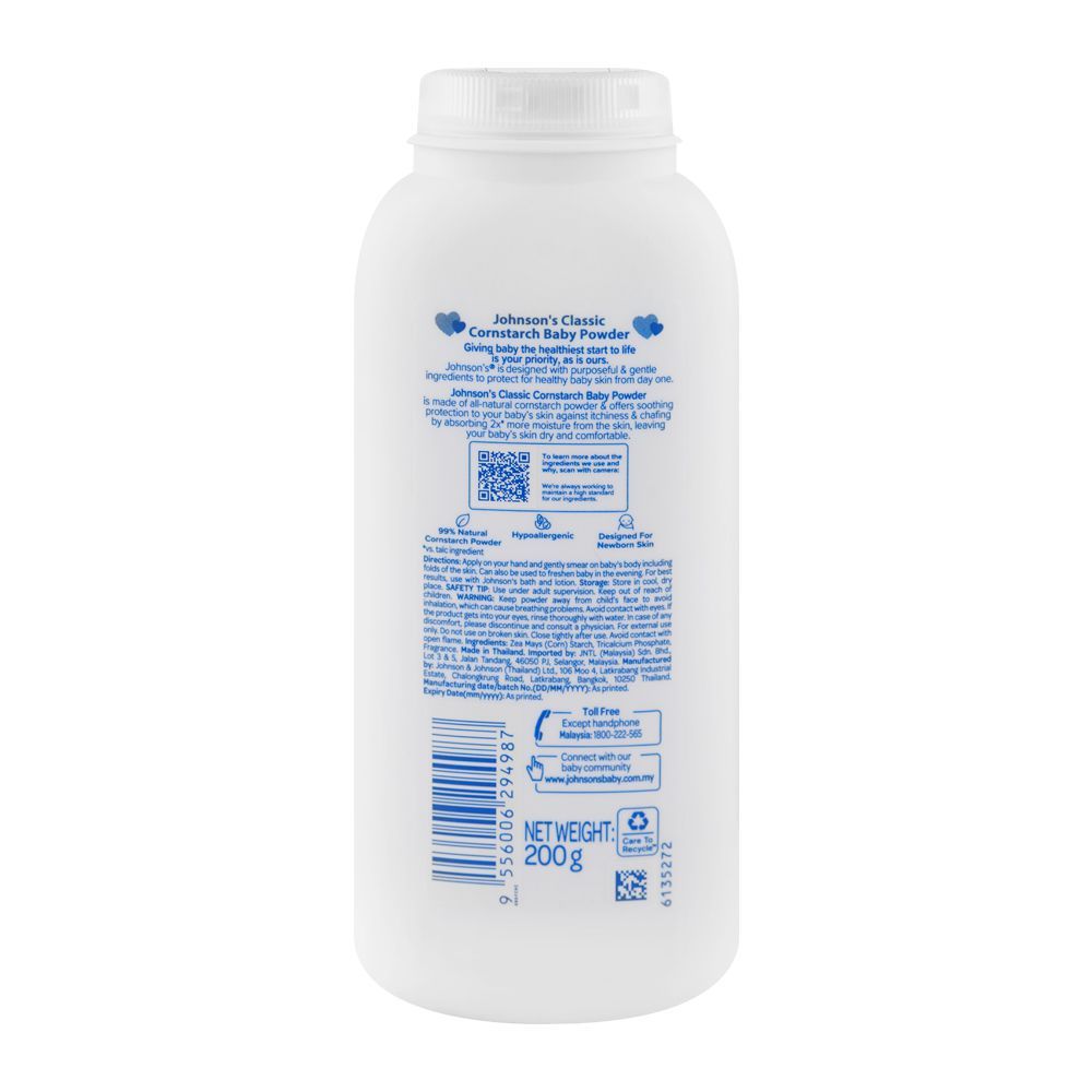 Johnson's Classic Cornstarch Baby Powder, Paraben & Phthalates Free, 200g, Thai - Image 2