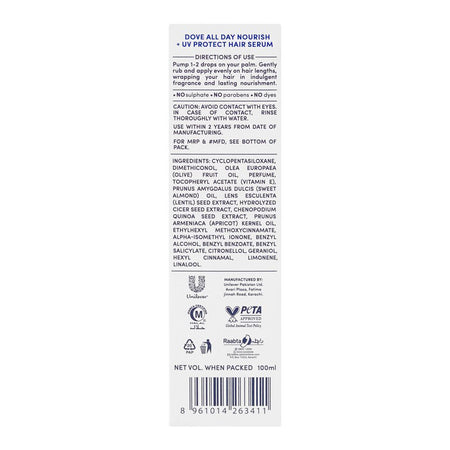 Dove All Day Nourish + UV Protect Bio-Protein Care Hair Serum, For All Types Of Hair, 100ml - Image 3