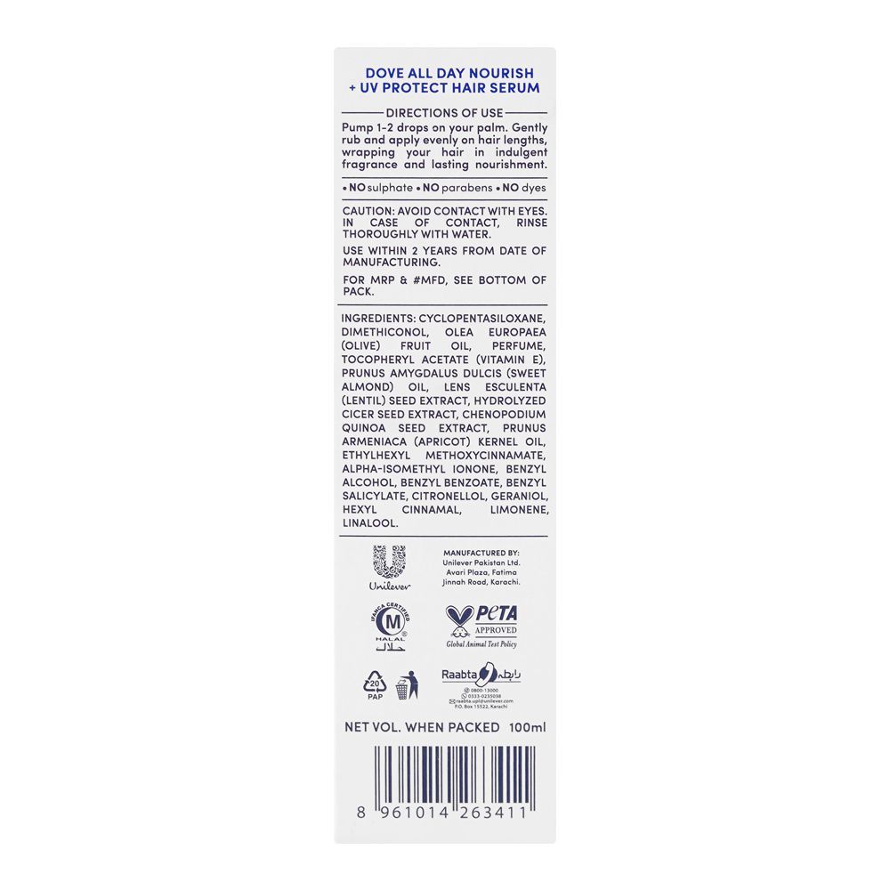 Dove All Day Nourish + UV Protect Bio-Protein Care Hair Serum, For All Types Of Hair, 100ml - Image 3