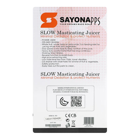Sayona Slow Masticating Juicer, 250W, 220-240V, SSJ-4661 - Image 2