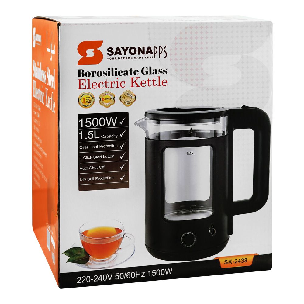 Sayona Borosilicate Glass Electric Kettle, 1500W, 1.5 Liter, SK-2438 - Main Image