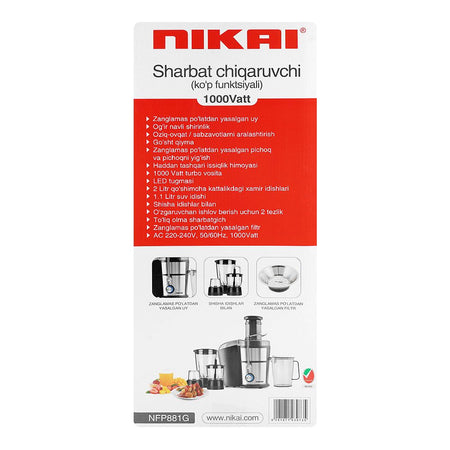 Nikai Multi-Function Juicer, 1000W, 220-240V, NFP-881G - Image 3