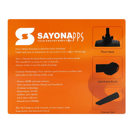 Sayona High Power 3-In-1 Vacuum Cleaner, 600W, 220-240V, 0.8 Liter, SVC-2409 - Image 4