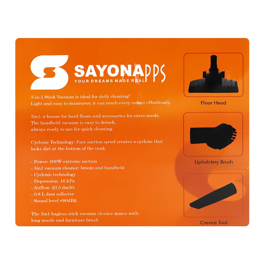 Sayona High Power 3-In-1 Vacuum Cleaner, 600W, 220-240V, 0.8 Liter, SVC-2409 - Image 4