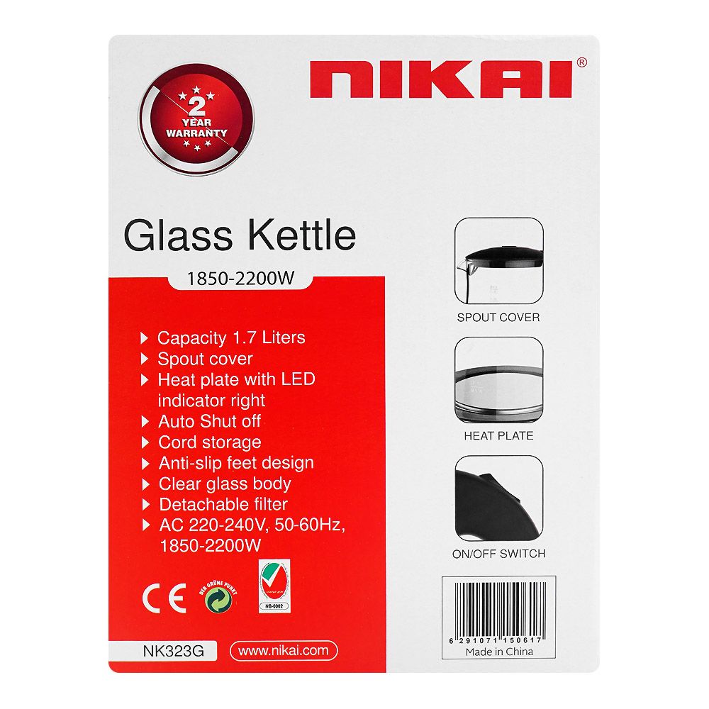 Nikai Glass Kettle, 1850-2200W, 1.7 Liter, NK-323G - Image 3