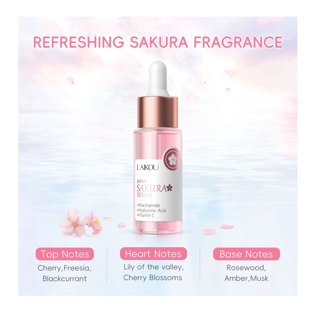 Laikou Japan Sakura Serum, Niacinamide + Hyaluronic Acid + Vitamin C, For Sensitive Skin, 30ml, LK91095D - Image 2