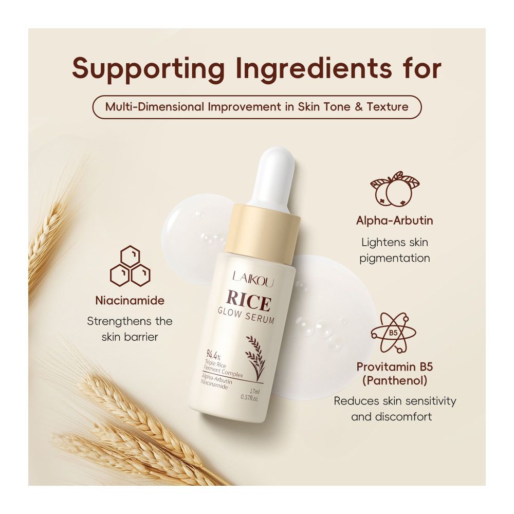 Laikou Rice Glow Serum, Niacinamide & Alpha-Arbutin & Panthenol, For Smooth & Hydrated Skin, 17ml, LK81959A - Image 4