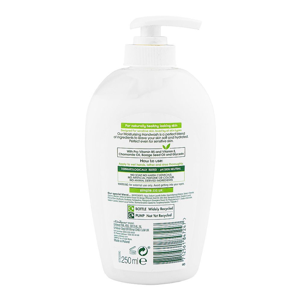 Simple Kind To Skin Natural Chamomile Oil Moisturising Hand Wash, For Sensitive Skin, 250ml - Image 2