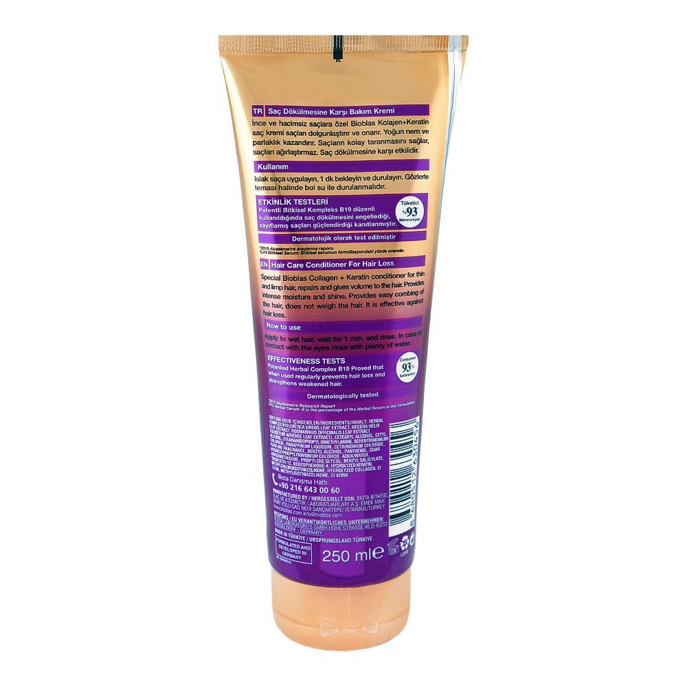 Bioblas Collagen + Keratin Thickening & Repairing Hair Loss Conditioner, Paraben Free, For Fine & Thin Hair, 250ml - Image 2