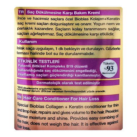 Bioblas Collagen + Keratin Thickening & Repairing Hair Loss Conditioner, Paraben Free, For Fine & Thin Hair, 250ml - Image 3