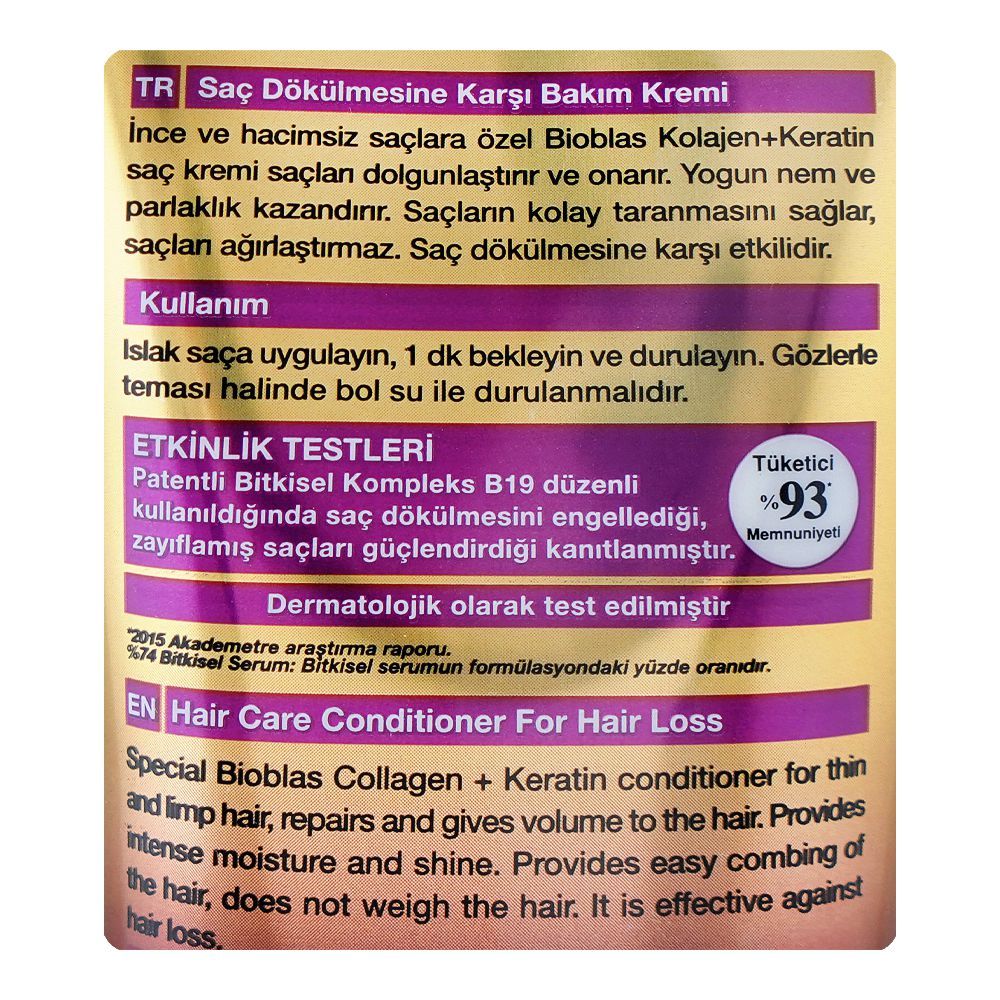 Bioblas Collagen + Keratin Thickening & Repairing Hair Loss Conditioner, Paraben Free, For Fine & Thin Hair, 250ml - Image 3