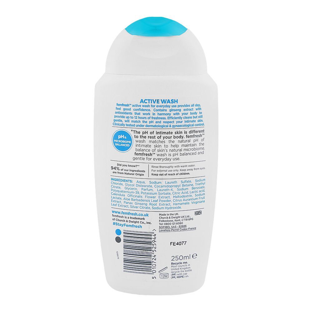 Femfresh Ginseng Extract & Silver Ions Soap Free Active Body Wash, Soap Free, 250ml - Image 2