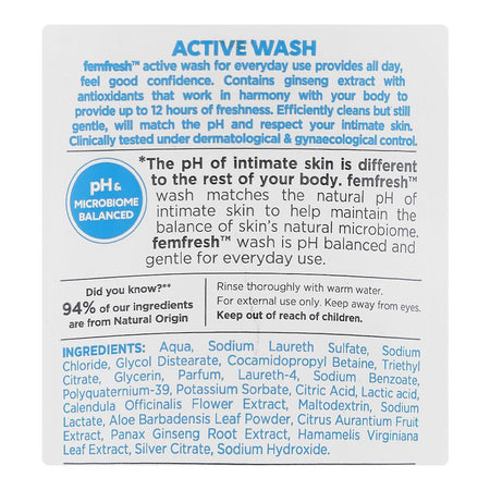 Femfresh Ginseng Extract & Silver Ions Soap Free Active Body Wash, Soap Free, 250ml - Image 3