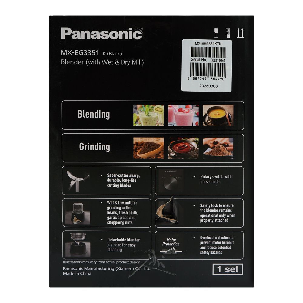 Panasonic Blender With Wet & Dry Mills, 400W, 1.35 Liter, Black, MX-EG3351 - Image 5