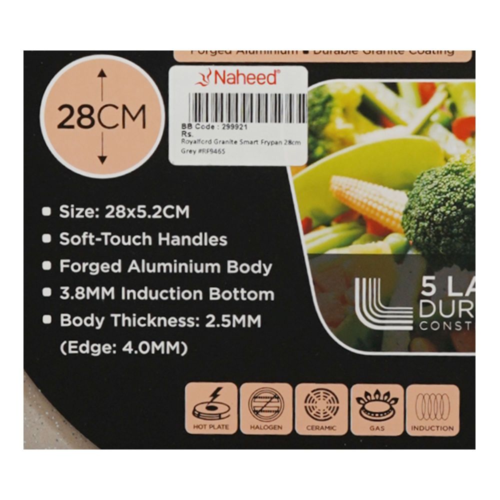 Royalford Granite Smart Frypan, 2.5mm Thickness, 28 X 5.2cm, Grey, RF9465 - Image 3