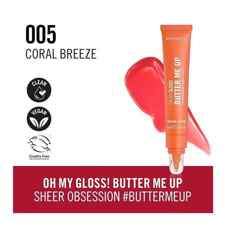 Rimmel Oh My Gloss Butter Me Up Lip Butter Balm, Vegan, 005 Coral Breeze, 15ml - Main Image