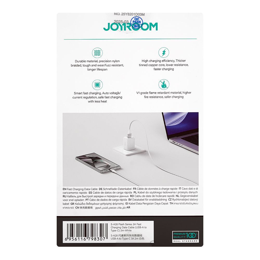 Joyroom Flash Series Fast Charging Data Cable, 3A, USB-A To Type-C, 2 Meter White, S-A28 - Image 4