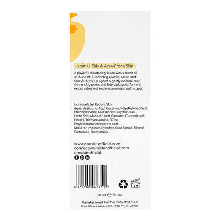 Oneskin Peel Perfect Serum, AHA 15% + BHA 2% + Turmeric Extract, Paraben, Alcohol & Sulfate Free, For Acne-Prone Skin, 30ml - Image 9