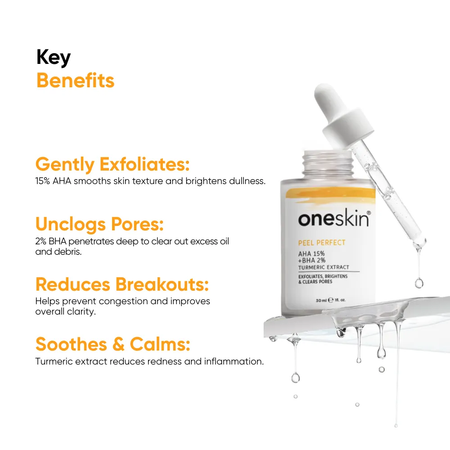 Oneskin Peel Perfect Serum, AHA 15% + BHA 2% + Turmeric Extract, Paraben, Alcohol & Sulfate Free, For Acne-Prone Skin, 30ml - Image 4