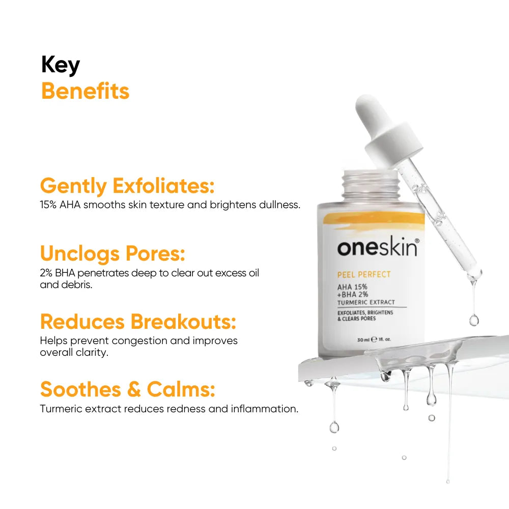 Oneskin Peel Perfect Serum, AHA 15% + BHA 2% + Turmeric Extract, Paraben, Alcohol & Sulfate Free, For Acne-Prone Skin, 30ml - Image 4