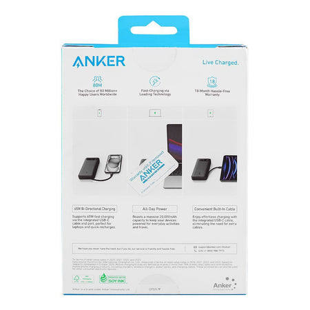 Anker 20000mAh Two-Way Power With Built-In 65W USB-C Port & Cable, 87W USB-A Port, Power Bank, Black, A1383H11 - Image 3