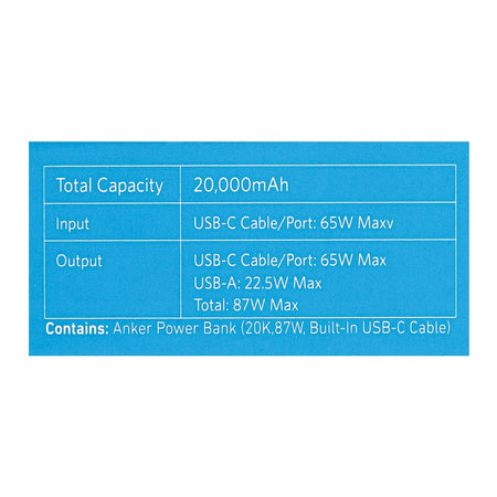 Anker 20000mAh Two-Way Power With Built-In 65W USB-C Port & Cable, 87W USB-A Port, Power Bank, Black, A1383H11 - Image 5