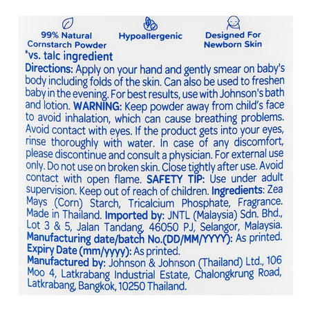 Johnson's Classic Corn Starch Baby Powder, Paraben, Phthalates & Dyes, For Dry Skin, 500gm Thai - Image 3