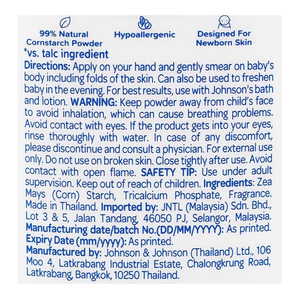 Johnson's Classic Corn Starch Baby Powder, Paraben, Phthalates & Dyes, For Dry Skin, 500gm Thai - Image 3