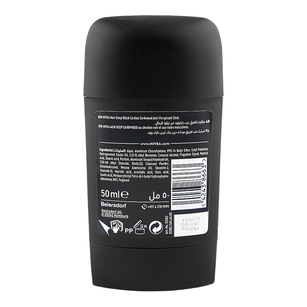 Nivea Men 72H Deep Black Carbon Dark Wood Deodorant Stick, Anti-Perspirant, 50ml - Image 2