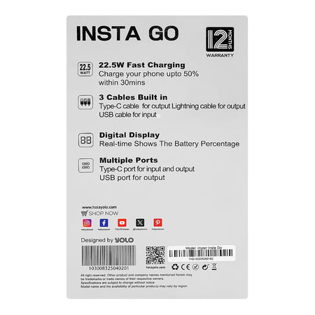 Yolo Hyper Insta Go 10000mAh Power Bank, 22.5W, Built-In Type-C & Lightning Cable - Image 4