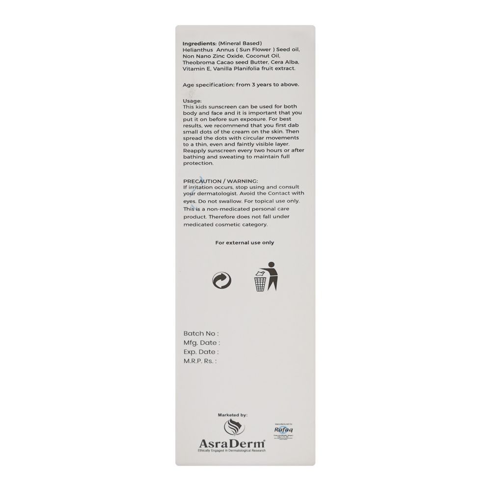 Asra Derm Gluvit-S Sun Care Cream For Kids, SPF-40, Cacao Seed Butter, Vitamin E, Water Resistant, 50ml - Image 2