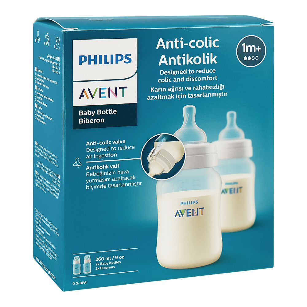 Avent Anti-Colic Feeding Bottle, For 1 Months+ 260ml, BPA Free, SCY103/02, 2-Pack - Image 2