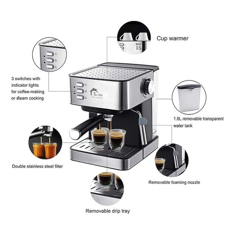 E-Lite Premium Espresso Machine, 850W, 1.6 Liters Water Tank, EEM-010 - Image 2