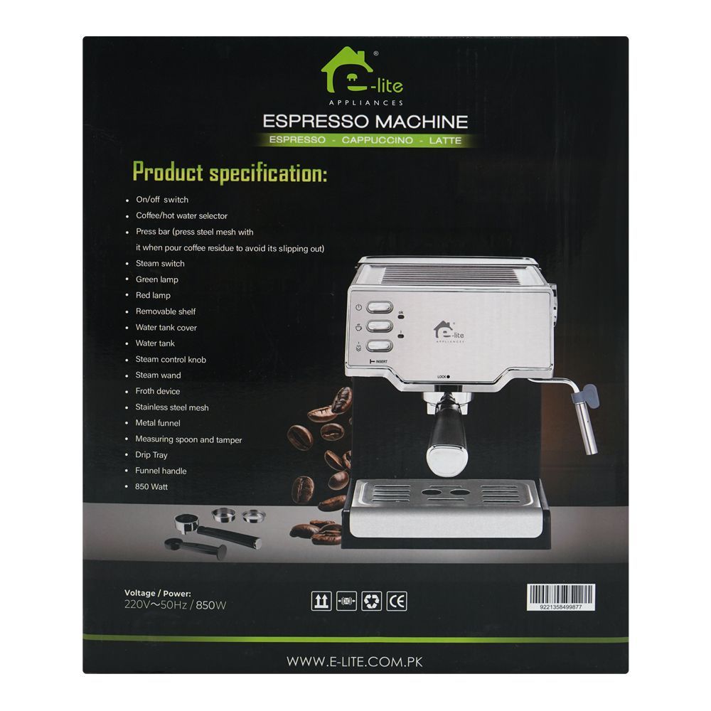 E-Lite Premium Espresso Machine, 850W, 1.6 Liters Water Tank, EEM-010 - Image 5
