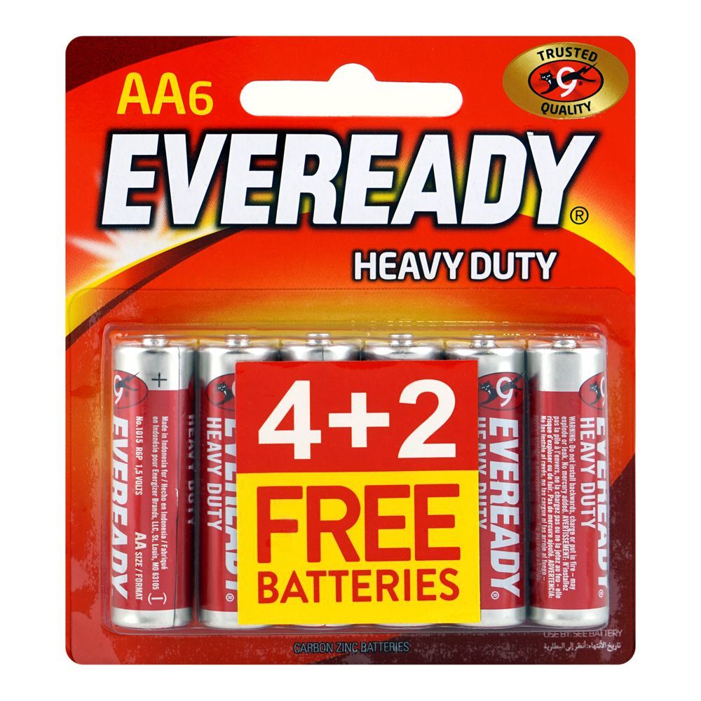 Eveready Heavy Duty Carbon Zinc Batteries, AA Battery Cells, Red, 4 + 2 Free Batteries - Main Image