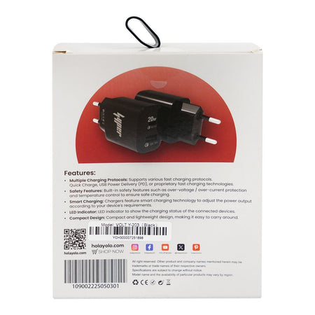Yolo Hyper Volt Series 20W PD & QC Type-C & USB-A Port Fast Charger With Cable, Black, Y-203 - Image 4