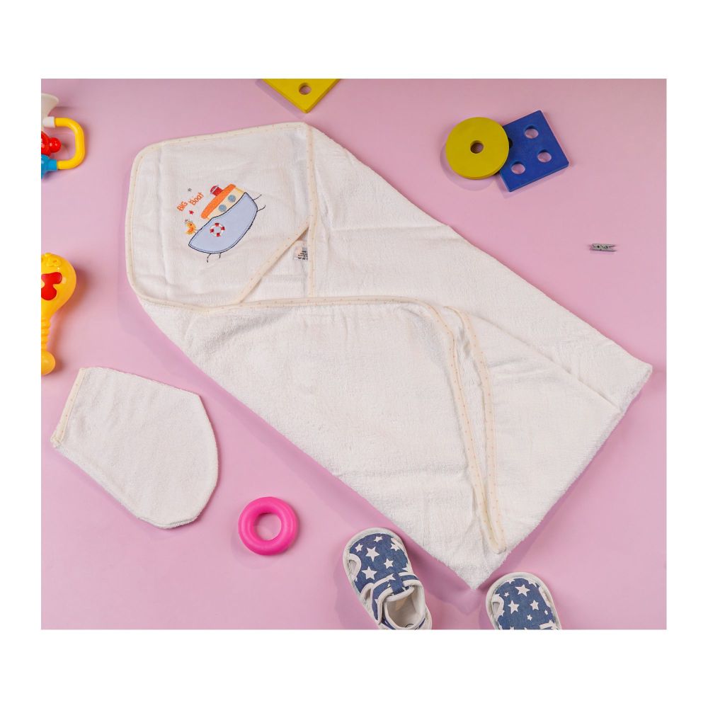 TG Kids Center Baby Hooded Bath Towel, White Multi Big Boat - Main Image
