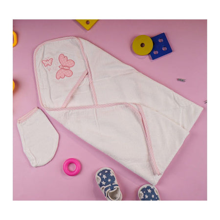 TG Kids Center Baby Hooded Bath Towel, White Pink Butterfly - Main Image