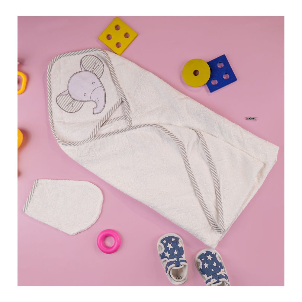 TG Kids Center Baby Hooded Bath Towel, White Gray Elephant - Main Image