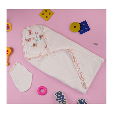 TG Kids Center Baby Hooded Bath Towel, White Multi Flower - Main Image