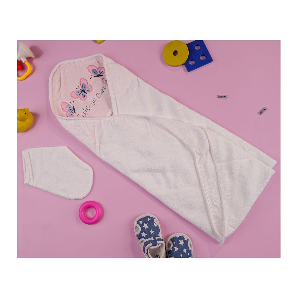 TG Kids Center Baby Hooded Bath Towel, Pink White Butterfly - Main Image