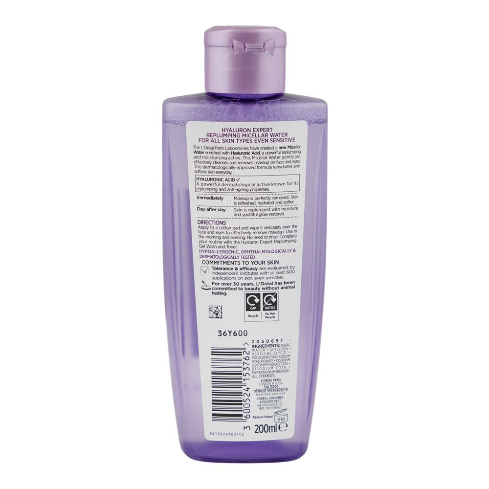 L'Oreal Paris Hyaluron Expert Replumping Micellar Water, Hyaluronic Acid, For All Types Of Skin, 200ml - Image 2