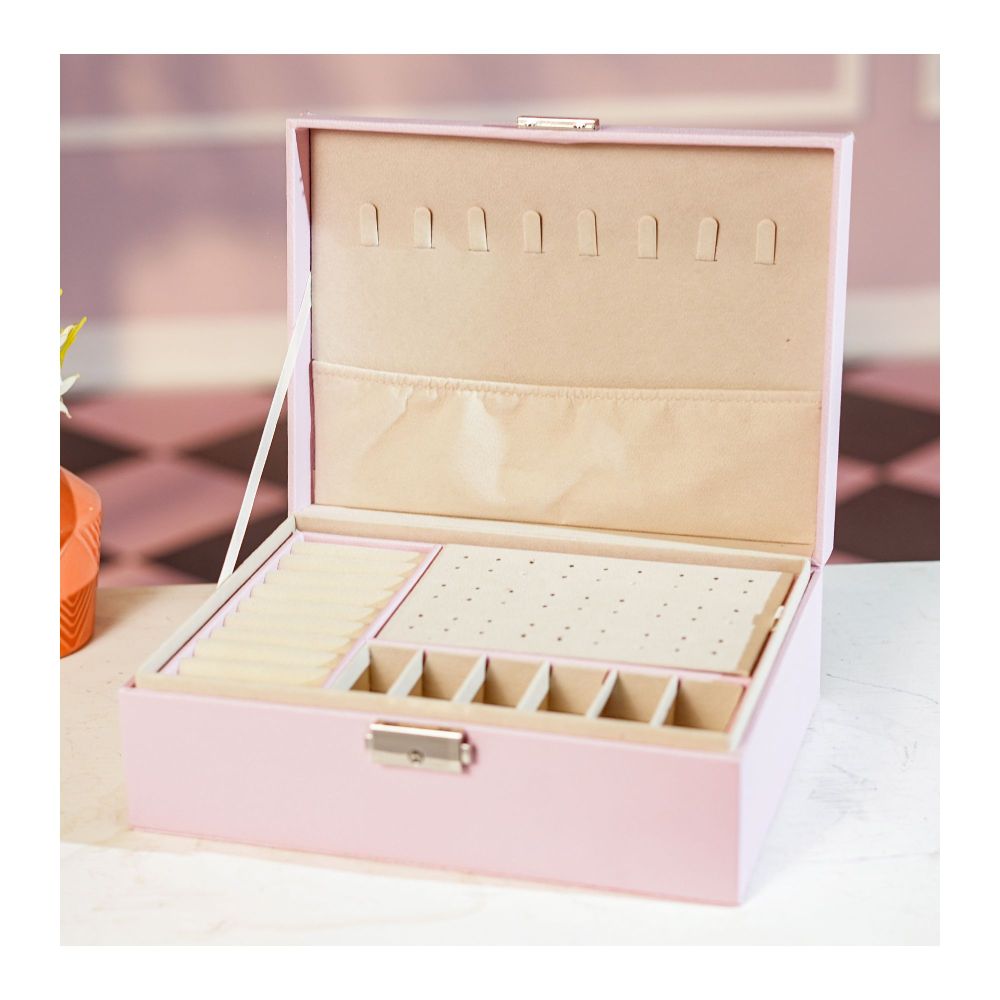 AJF Leather Jewellery Organizer with Locker 2 Layers Hanging Holder Jewelry Box, Pink, AS-44 - Main Image