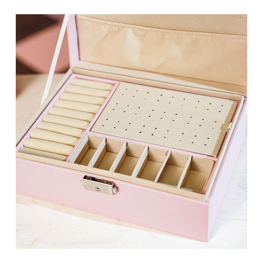 AJF Leather Jewellery Organizer with Locker 2 Layers Hanging Holder Jewelry Box, Pink, AS-44 - Image 2