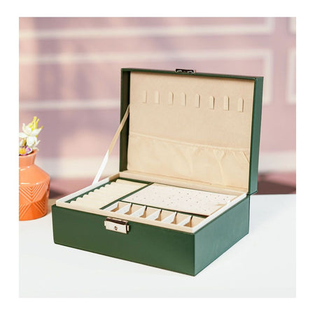 AJF Leather Jewellery Organizer with Locker 2 Layers Hanging Holder Jewelry Box, Green, AS-44 - Main Image