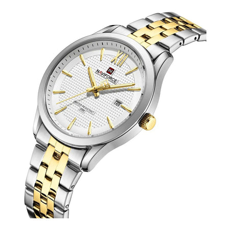 Naviforce Date Master Men's Analog Watch With White Dial & Stainless Steel Chain, NF9255 S/W/G - Image 2