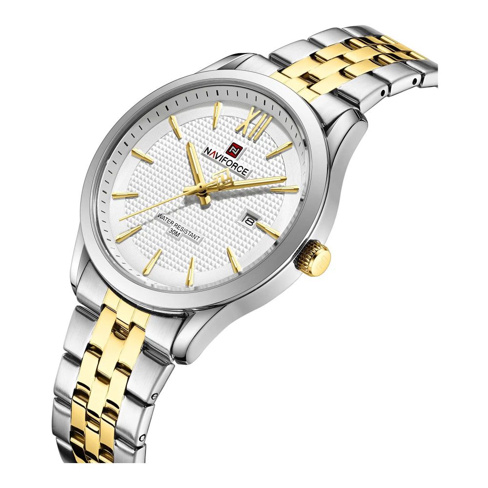 Naviforce Date Master Men's Analog Watch With White Dial & Stainless Steel Chain, NF9255 S/W/G - Image 2